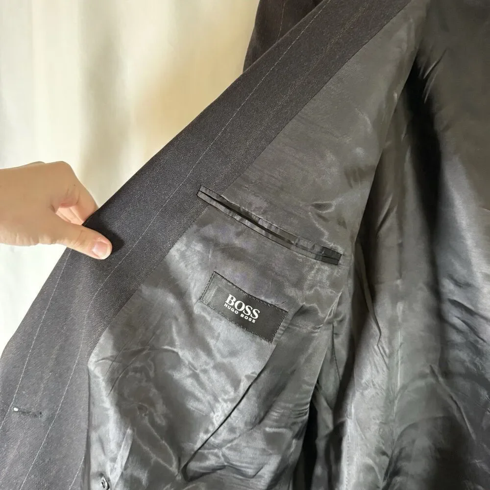 Hugo Boss Wool Zeus Blazer Men's 46L Super 100 Black Striped Sigle Button